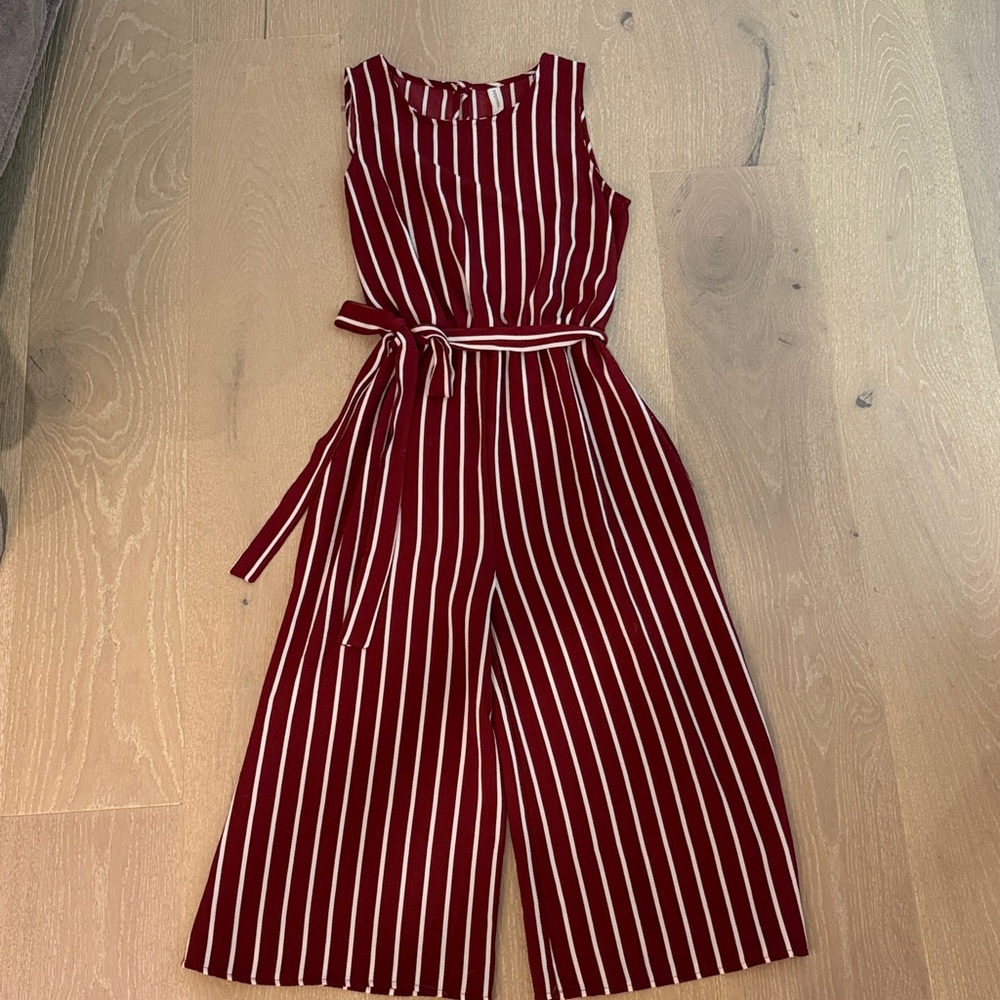 Burgundy and White Striped cropped Jumpsuit size small